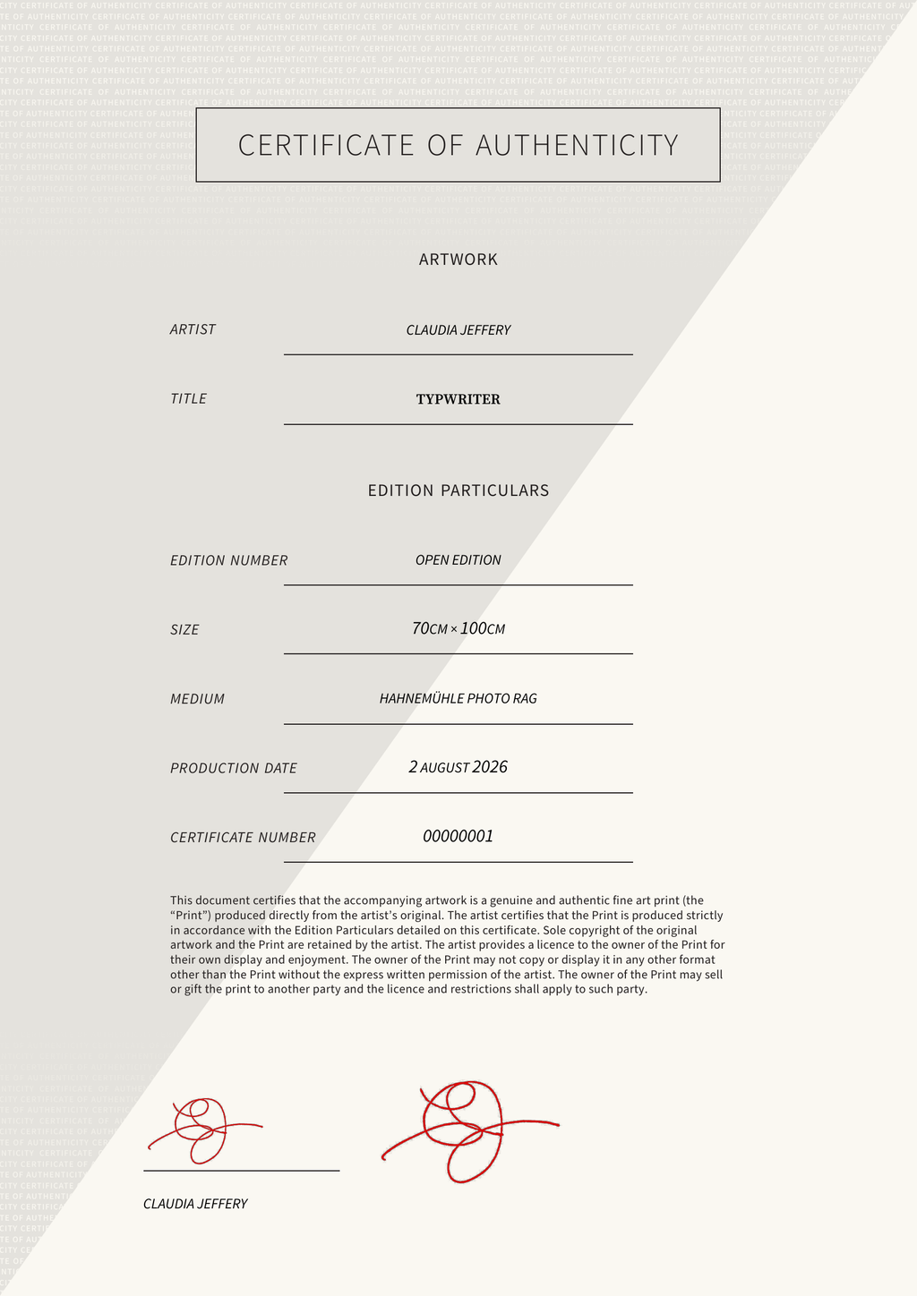 Typwriter — Certificate of Authenticity