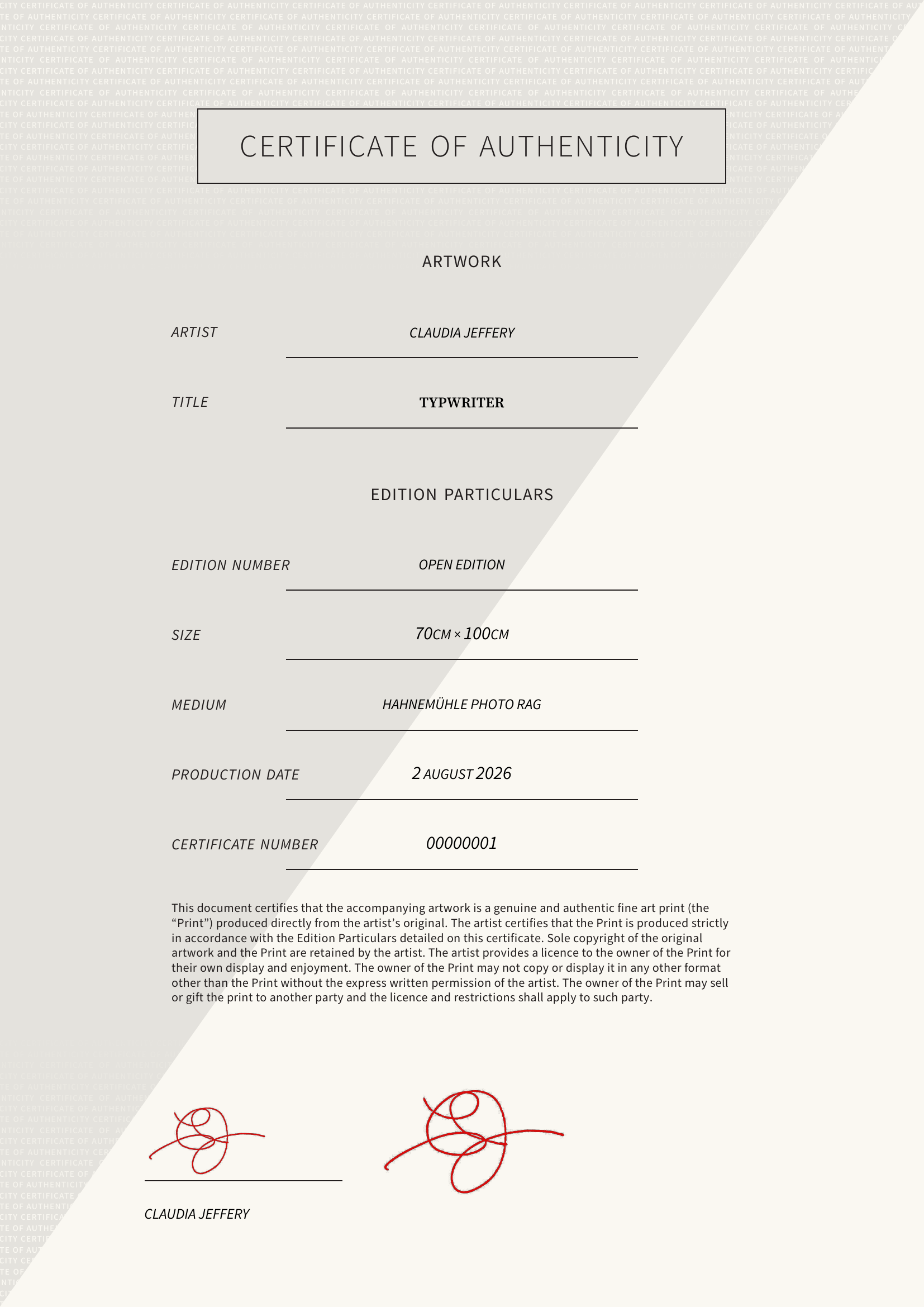 Typwriter — Certificate of Authenticity