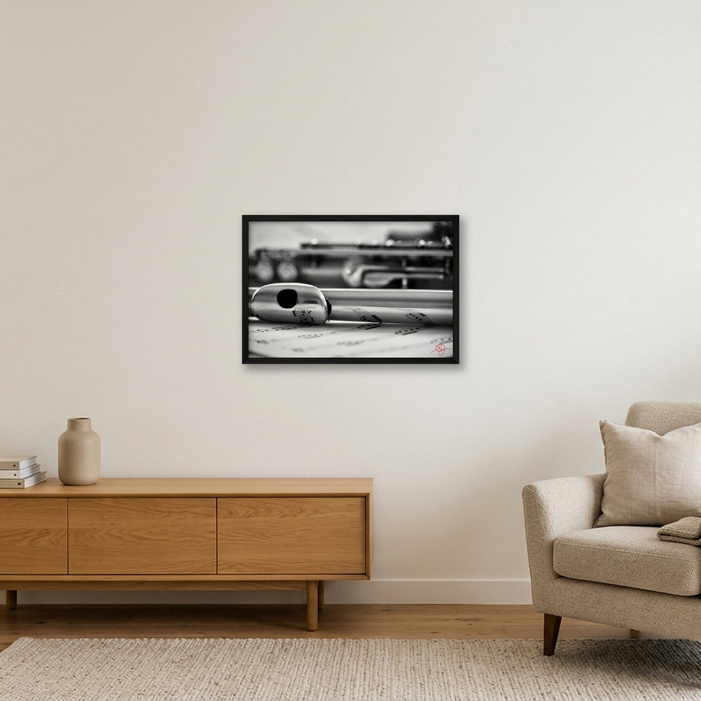 Flute Tattoo B&W — 60×40cm, 24×16" Black Frame