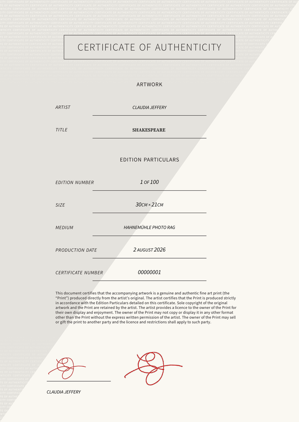 Shakespeare  — Certificate of Authenticity
